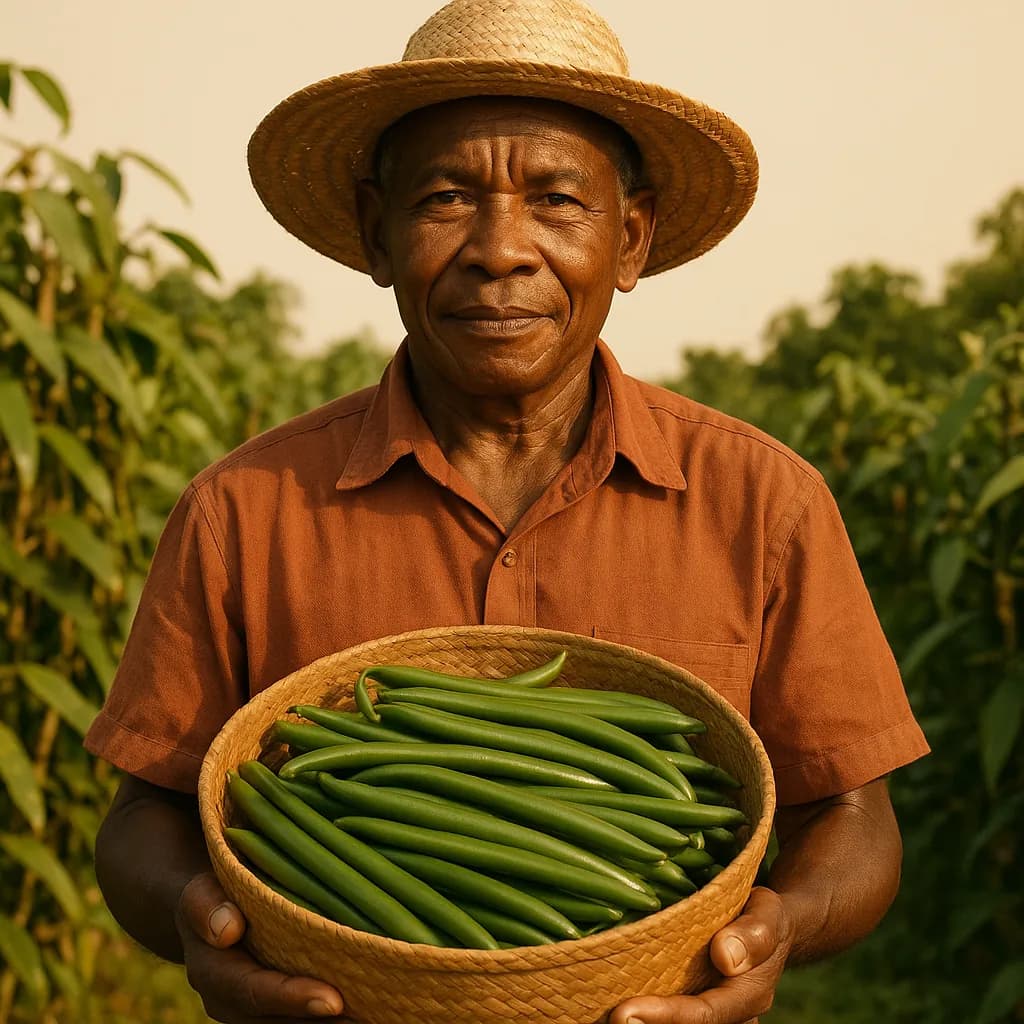 A Malagasy farmer holding a basket of freshly harvested green vanilla pods