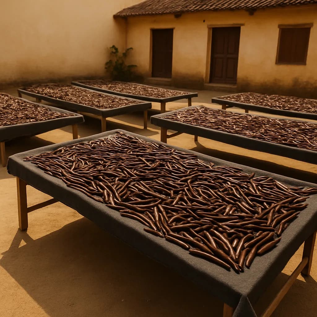 Vanilla beans laid out to sun-dry on raised racks