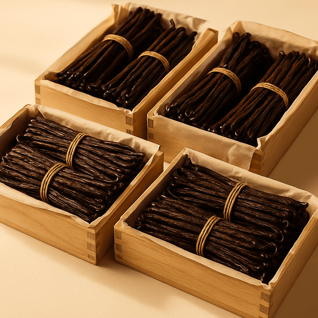 Cured vanilla beans conditioning in paper-lined wooden boxes