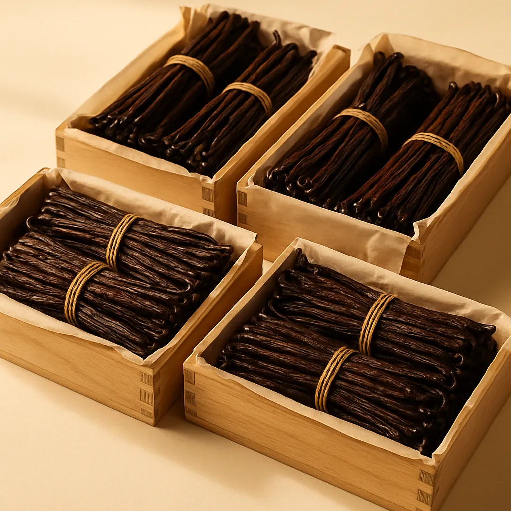 Cured vanilla beans conditioning in paper-lined wooden boxes